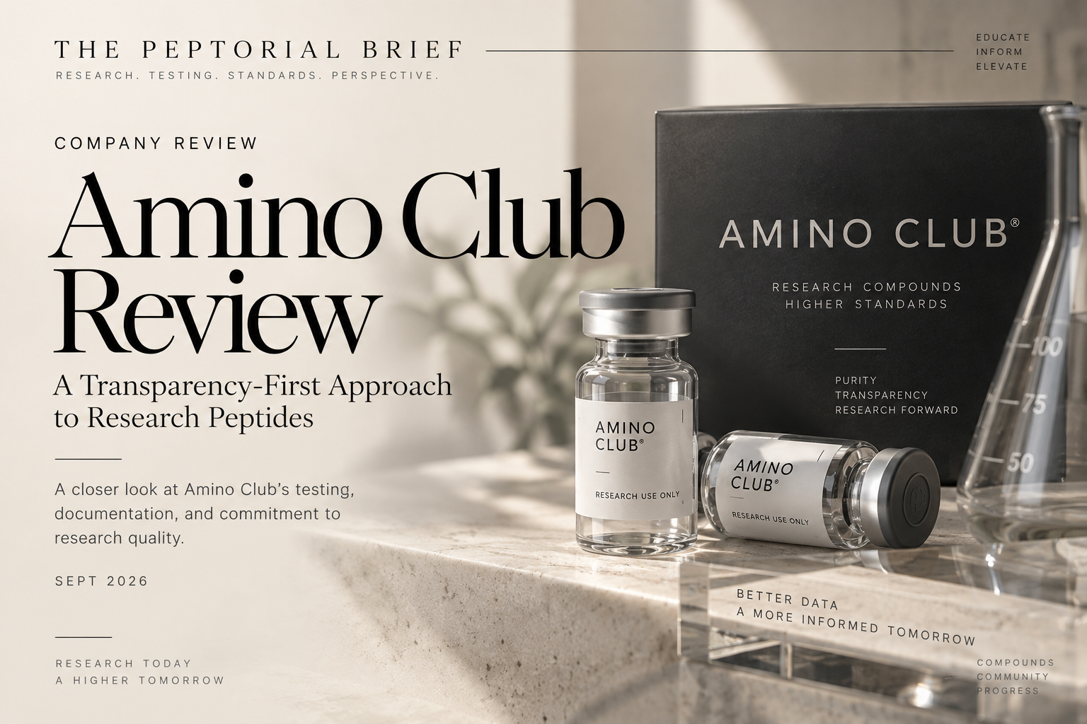 Amino Club research compound vials and packaging on a laboratory surface