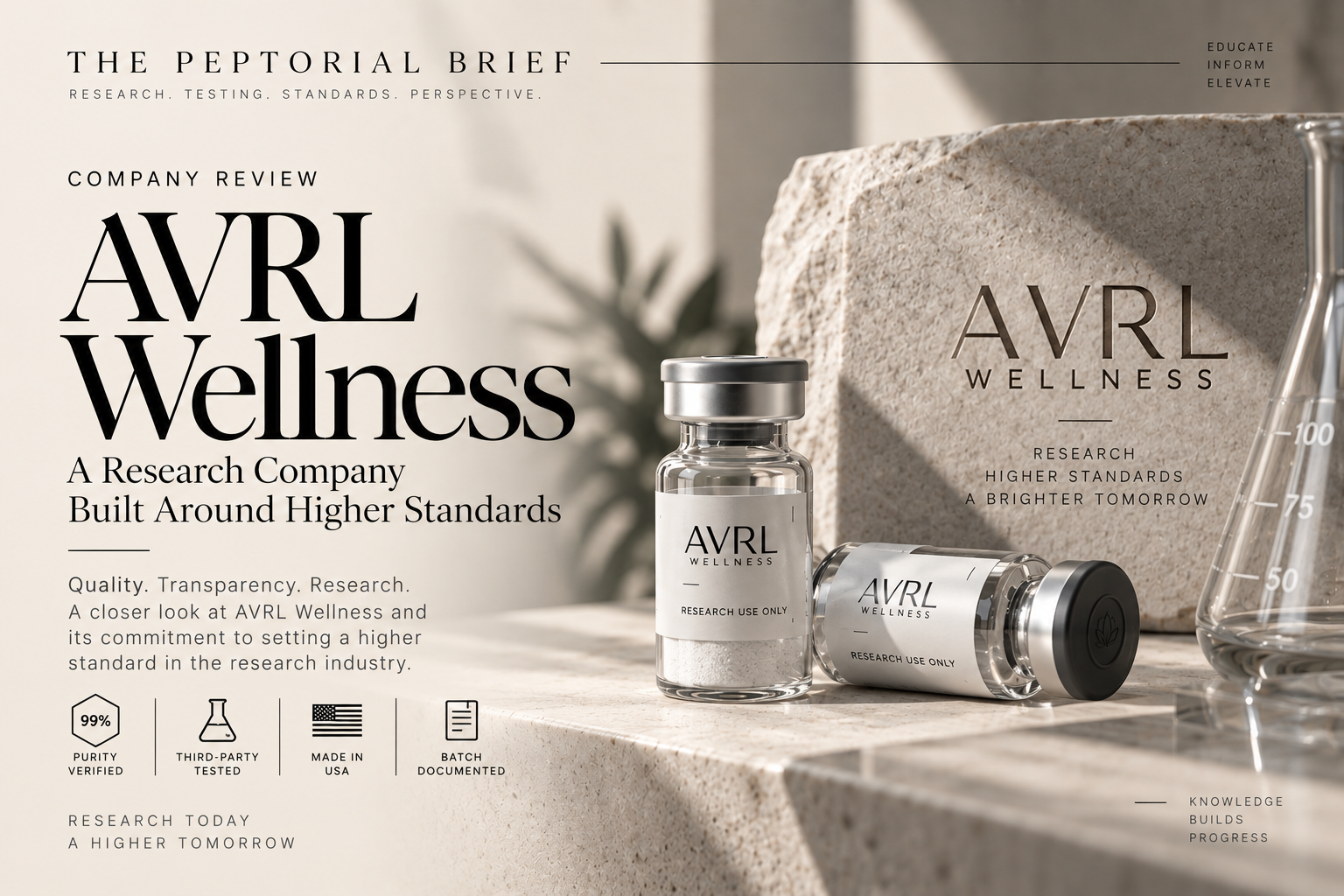 AVRL Wellness research compound vials on a stone surface with laboratory glassware