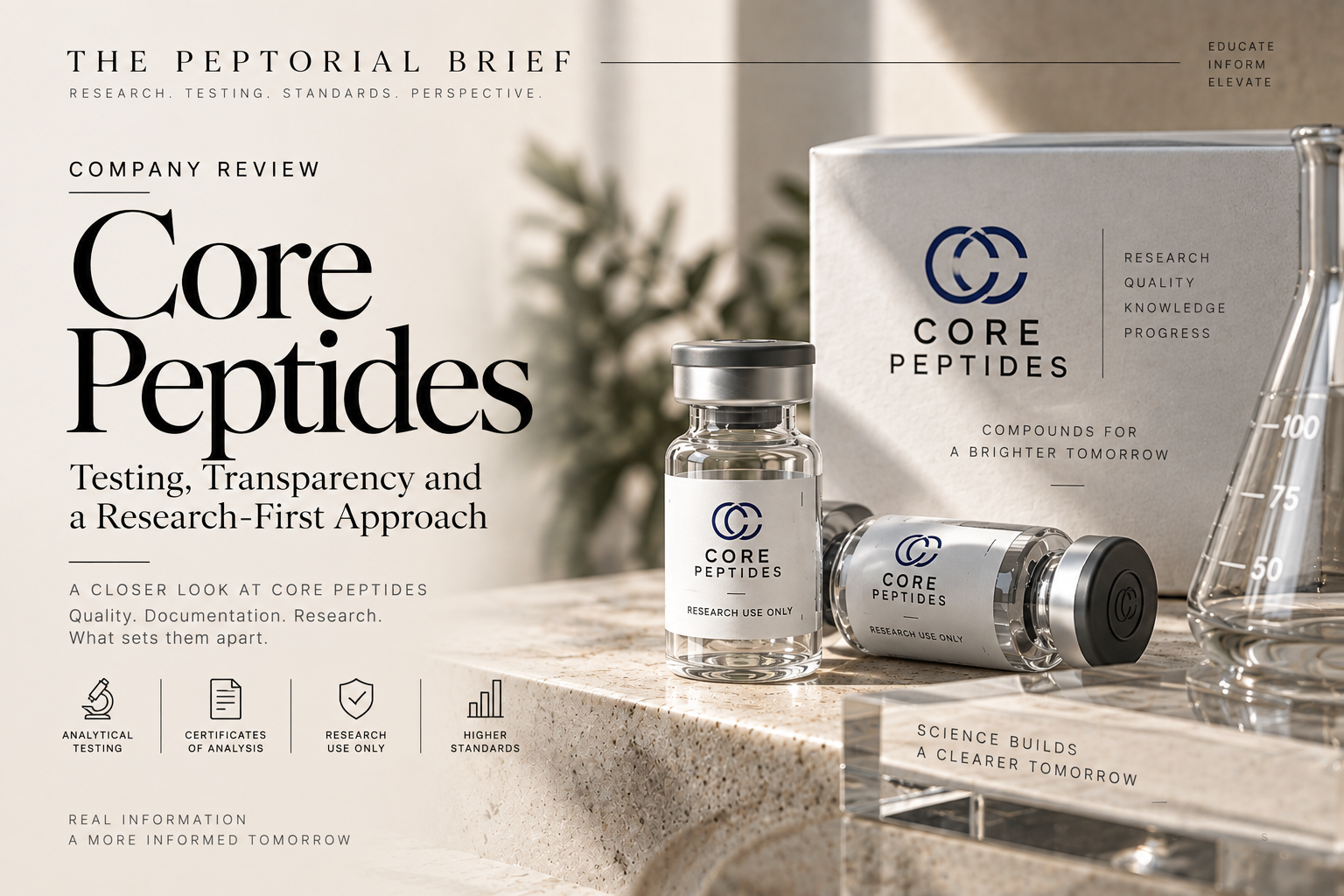 Core Peptides research compound vials and branded packaging on a stone laboratory surface